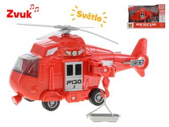 Vrtulník 20cm na setrvačník na baterie se světlem a zvukem červený v krabičce