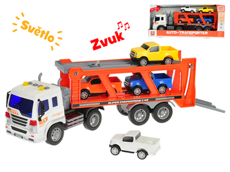 Tahač s přívěsem 38cm 1:16 na setrvačník + 4ks auta na baterie se světlem a zvukem v krabičce