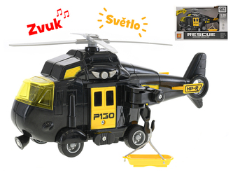 Vrtulník 20cm na setrvačník na baterie se světlem a zvukem černý v krabičce