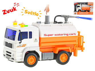Kropící vůz 19cm 1:20 stříkající vodu na setrvačník na baterie se světlem a zvukem v krabičce