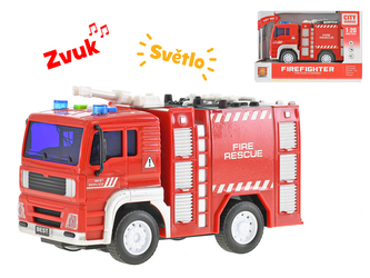 Auto hasičské se žebříkem 18cm 1:20 na setrvačník na baterie se světlem a zvukem v krabičce