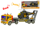 Auto nákladní 38cm na setrvačník na baterie se světlem a zvukem s vrtulníkem v krabičce