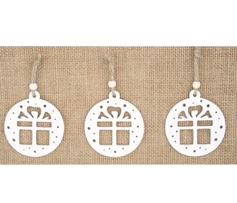 Dekorace vánoční - Dárek dřevěný bílý 6cm 3ks, na zavěšení, 4860