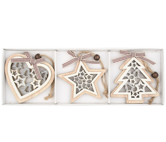 Dekorace vánoční - Ozdoba dřevěná 7,5 cm 3ks na zavěšení v sadě, 4867