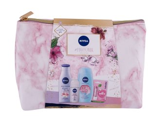 Nivea Pink Power sprchový gel Hibiscus & White Sage 250 ml + tělové mléko Cherry Blossom & Jojoba Oil 200 ml + antiperspirant roll-on Pearl & Beauty 50 ml + balzám na rty Labello 4,8 g Pearly Shine + kosmetická taška