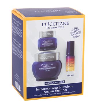 L´Occitane Immortelle Precieuse denní pleťová péče 50 ml + balzám na oční okolí 15 ml + pleťové sérum Immortelle Reset Overnight 5 ml
