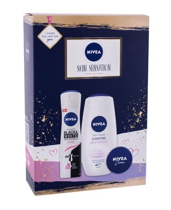 Nivea Skin Sensation sprchový gel Creme Sensitive 250 ml + antiperspirant Black & White Invisible Clear 150 ml + univerzální krém Creme 30 ml