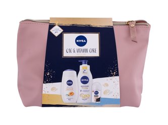 Nivea Q10 & Vitamin Care tělové mléko Firming Q10 + Vitamin C 400 ml + sprchový gel Care Apricot & Apricot Seed Oil 250 ml + antiperspirant roll-on Black & White Invisible Ultimate Impact 50 ml + kosmetická taška