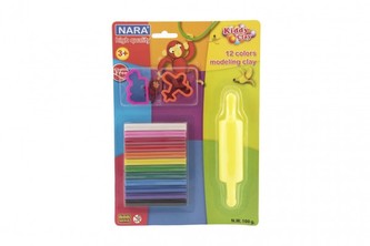 Modelína/Plastelína NARA 100g 12ks s vykrajovátky 2ks s válečkem na kartě 18,5x26cm