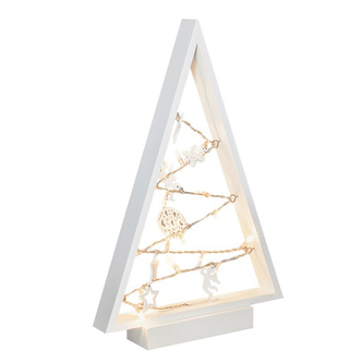 LED dřevěný vánoční stromek s ozdobami, 15LED, přírodní dřevo, 37cm, 2x AA
