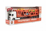 Auto kamion přepravník + 3 auta plast 33cm na setrvačník na bat. se světlem, zvukem v krab. 37x15x8