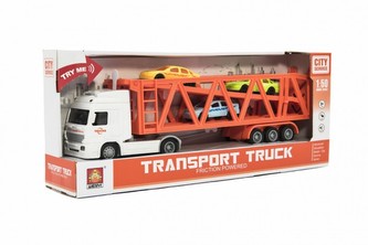 Auto kamion přepravník + 3 auta plast 33cm na setrvačník na bat. se světlem, zvukem v krab. 37x15x8