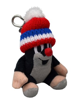 Krtek 9cm sedící s kulichem v červené trikoloře s karabinkou