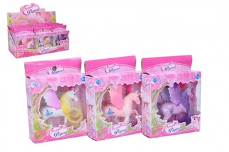 Jednorožec/kůň s křídly česací s hřebenem plast 12cm 3 barvy v krabičce 12x16x4cm 12ks v boxu