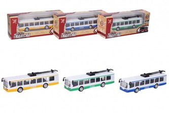 Trolejbus kov/plast 16cm na zpětný chod na baterie se světlem se zvukem 3 barvy v krabičce 22x9x6cm