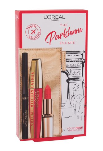 L´Oréal Paris The Parisienne Escape řasenka Volume Million Lahes Excess 9 ml + rtěnka Color Riche Satin 4,8 g 297 Red Passion + oční linka Perfect Slim Superliner 1 ml Intense Black + kosmetická taštička
