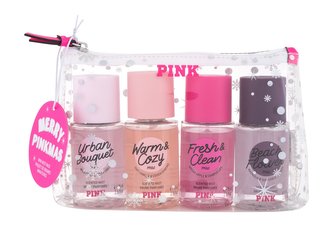 Pink Merry Pinkmas vyživujicí tělový sprej Beach Flower 75 ml + vyživujicí tělový sprej Urban Bouquet 75 ml + vyživujicí tělový sprej Warm & Cozy 75 ml + vyživujicí tělový sprej Fresh & Clean 75 ml + kosmetická taštička