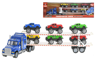 Auto přepravní 56cm na setrvačník s autem terénním 6ks 9cm na volný chod v krabičce