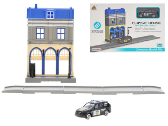 Policejní stanice skládací s autem policie 7cm kov na volný chod v krabičce