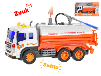 Kropící vůz 25cm 1:16 stříkající vodu na setrvačník na baterie se světlem a zvukem v krabičce
