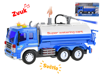 Kropící vůz 25cm 1:16 stříkající vodu na setrvačník na baterie se světlem a zvukem v krabičce
