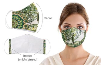 Ústní rouška bavlněná na gumičku s vnitřní kapsou - zelená mandala - délka oblouku 15cm