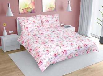 Povlečení bavlna na dvoudeku - růžový květ s pruhem - 1x 240x220, 2ks 70x90 cm (240 cm šířka x 220 cm délka prodloužená)