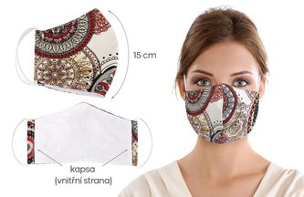 Ústní rouška bavlněná na gumičku s vnitřní kapsou - červená mandala - délka oblouku 15cm