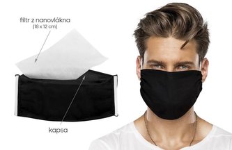 Ústní rouška s vloženým nanovlákenným filtrem - 1335/999 - černá - 15x22cm