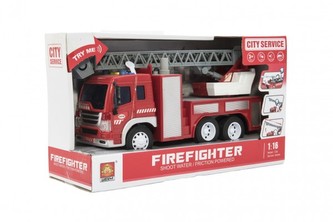 Auto hasiči stříkací vodu 30cm plast na setrvačník na bat. se zvukem se světlem v krabici 32x18x12cm