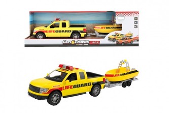 Auto pick up s lodí 50cm plast na setrvačník na baterie se světlem se zvukem 52x16x14cm