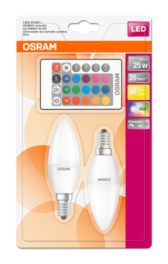 OSRAM LED STAR+ CL B RGBW FR 4,5W 827 E14 250lm 2700K (CRI 80) 25000h A DIMmable Rem Ctrl (Krabička 2ks)