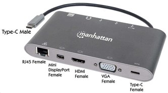 MANHATTAN Dokovací stanice USB-C na HDMI, Mini DP, VGA, 3xUSB 3.0, USB-C PD port, RJ 45, Card Reader, 3,5 mm MANHATTAN Dokovací stanice USB-C na HDMI, Mini DP, VGA, 3xUSB 3.0, USB-C PD port, RJ 45, Card Reader, 3,5 mm