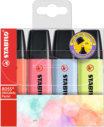 Zvýrazňovač STABILO BOSS ORIGINAL Pastelový, sada 4 ks v pouzdru