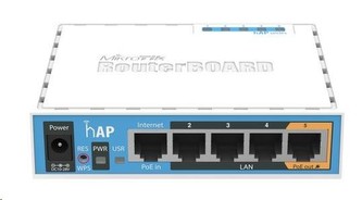 MikroTik hAP, 650MHz CPU, 64MB RAM, 5x LAN, integr. 2.4GHz Wi-Fi, WPS, vč. L4 MikroTik hAP, 650MHz CPU, 64MB RAM, 5x LAN, integr. 2.4GHz Wi-Fi, WPS, vč. L4