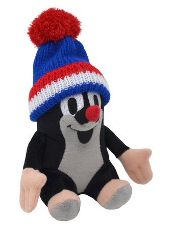 Krtek 14cm sedící, kulich modrá-trikolóra