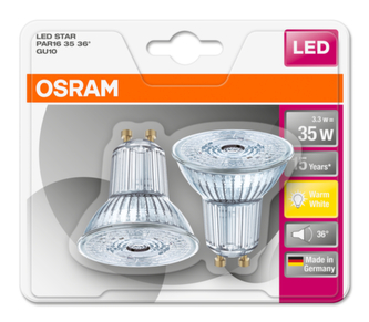 OSRAM LED STAR PAR16 36° 2,6W 827 GU10 230lm 2700K (CRI 80) 15000h A++ (Krabička 2ks)