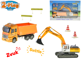 Auto sklápěčka kov 17cm zpětný chod s bagrem 22cm na baterie se světlem, zvukem a doplňky v krabičce