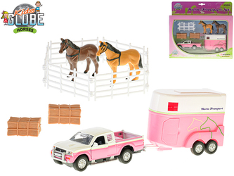 Mitsubishi růžové 13cm kov na zpětný chod s přívěsem pro koně s doplňky v krabičce